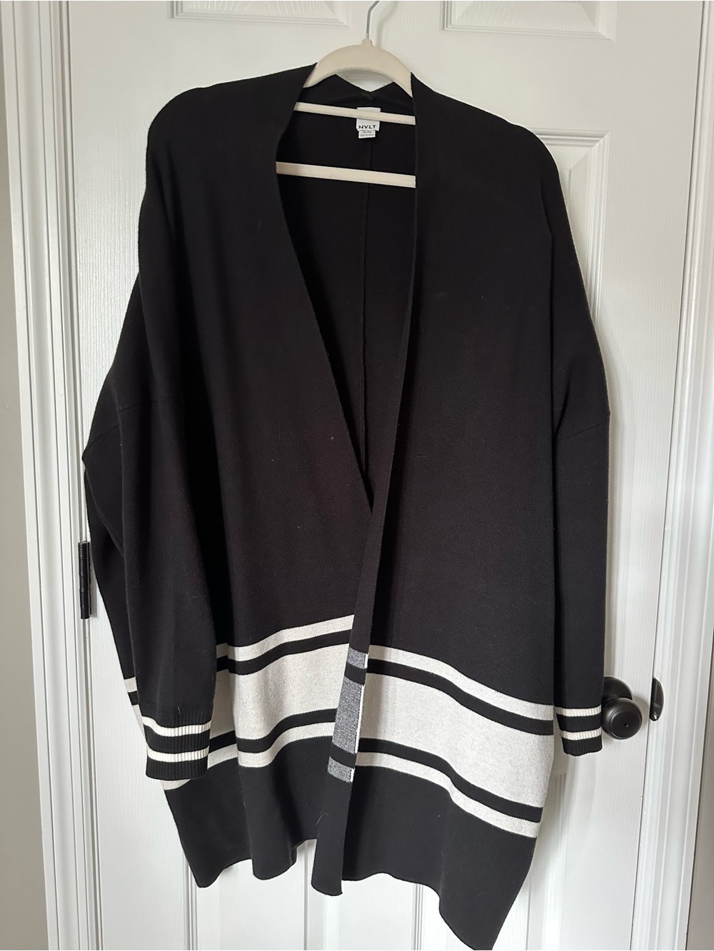 NVLT Black Open-Front Cardigan Sweater with Ivory Stripes